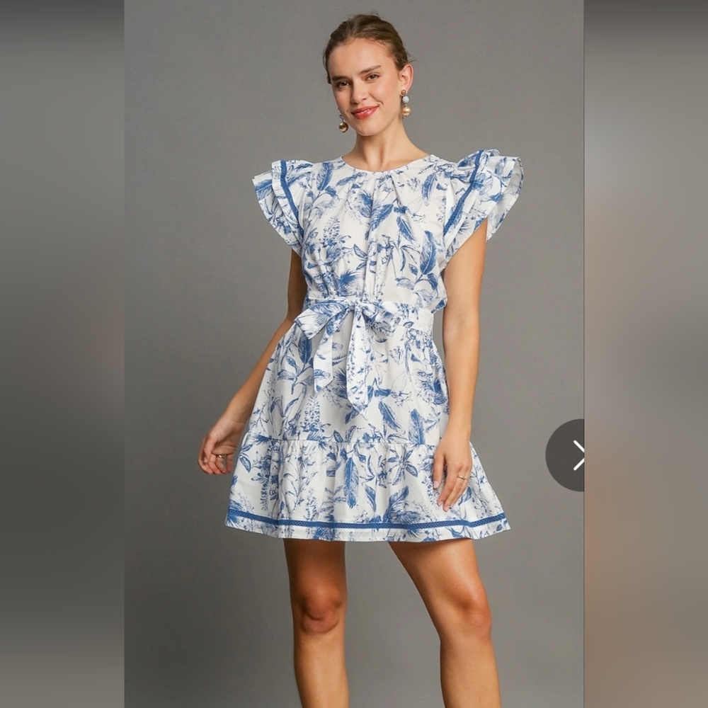 Umgee White and Blue Floral Mini Dress
